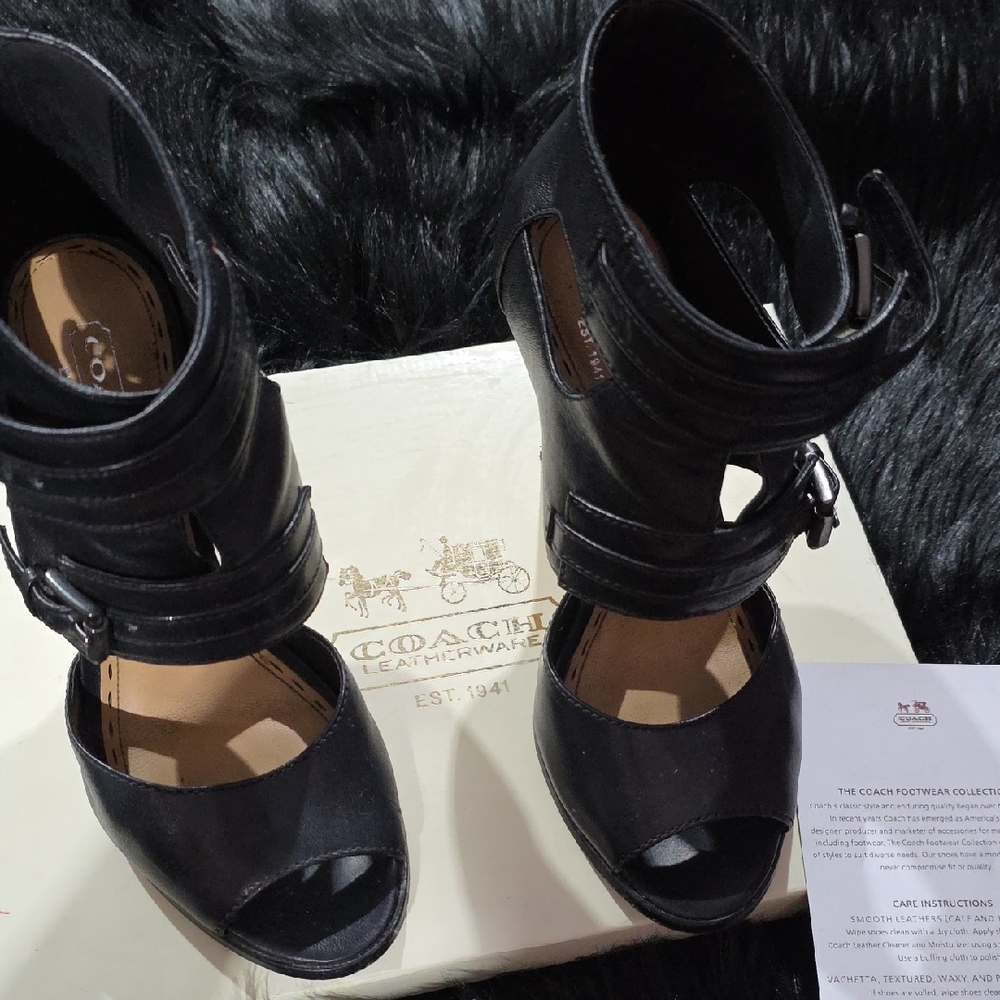 Coach Black Leather Peep-Toe Booties.